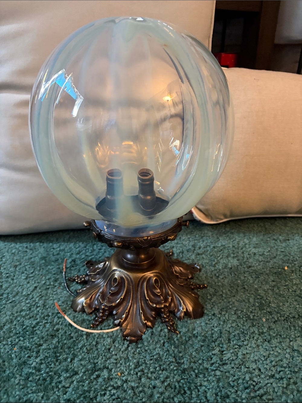 Dovetail Antiques Blue Glass Globe light fixture with Ornate Bronze Base